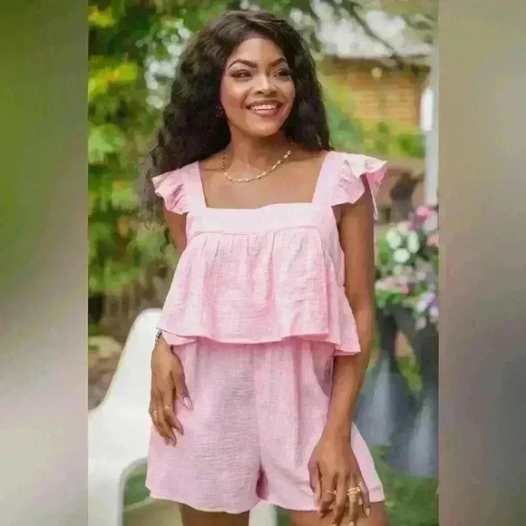 Pink Lily COMPLETELY IN TUNE PINK SQUARE NECK ROMPER - Large - Picture 1 of 3